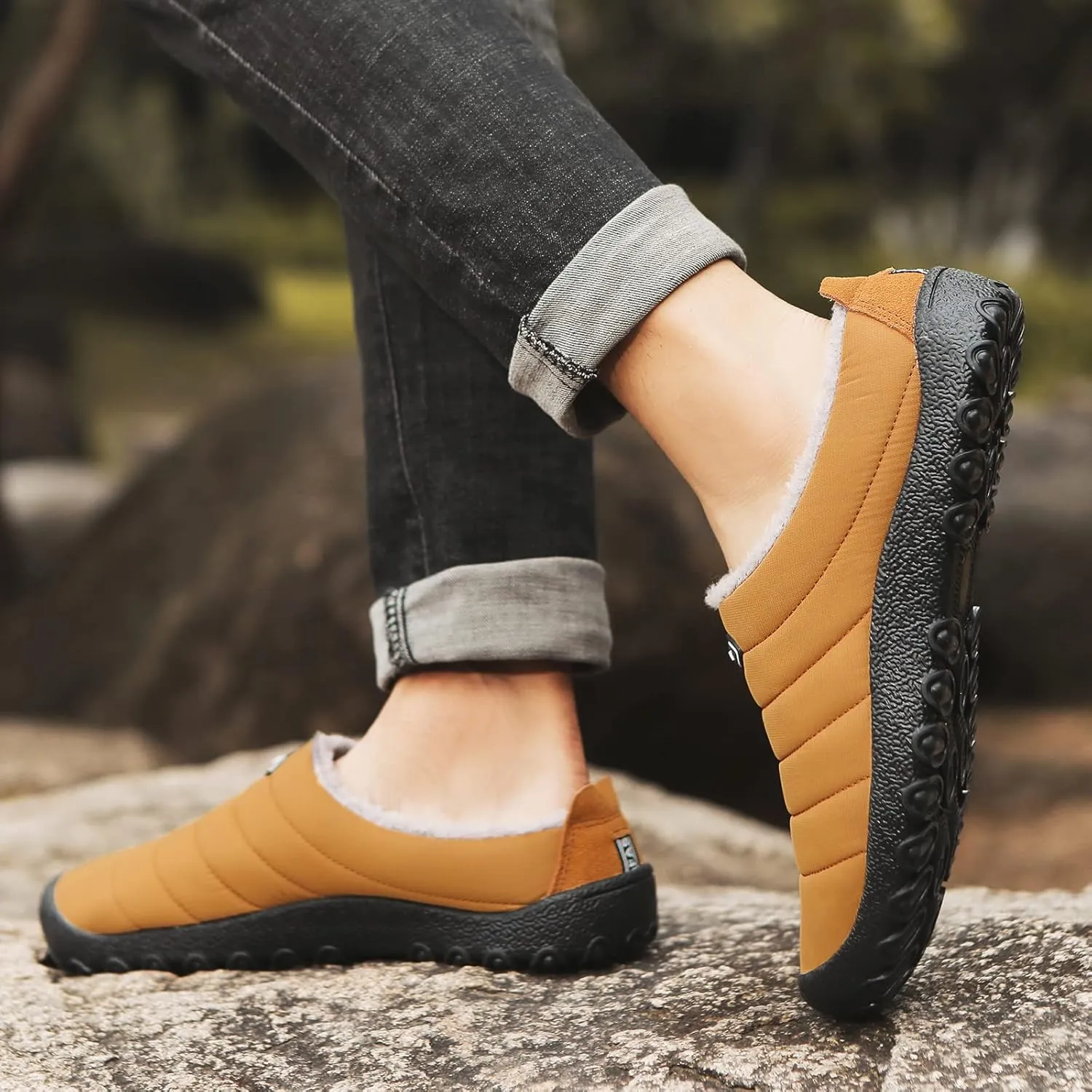 UBFEN Mens Womens Winter Warm Slippers with Fuzzy Plush Lining Slip on House Shoes Indoor Outdoor Anti-Skid Rubber Sole