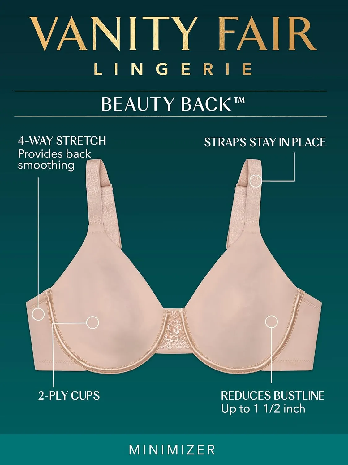 Vanity Fair Women's Beauty Back Smoothing Minimizer Bra, Minimizes Bust Line up to 1.5", Non Padded Cups up to H