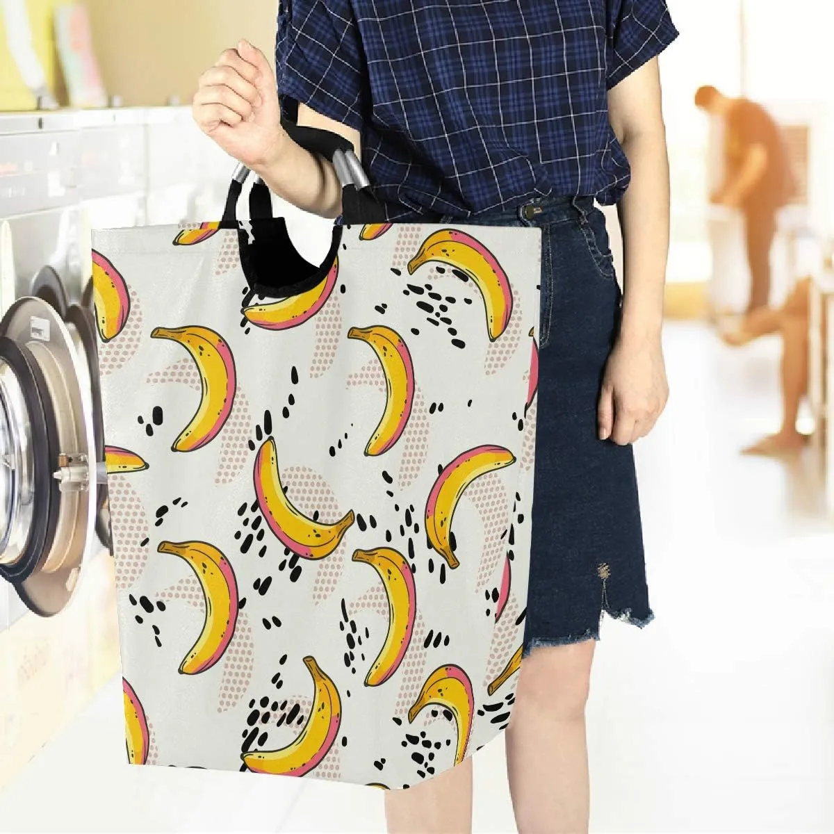 visesunny Collapsible Laundry Basket Tropical Banana Black Dot Large Laundry Hamper Oxford Fabric Dirty Clothes Toy Organizer with Handle for Bathroom Kids Room Dorm