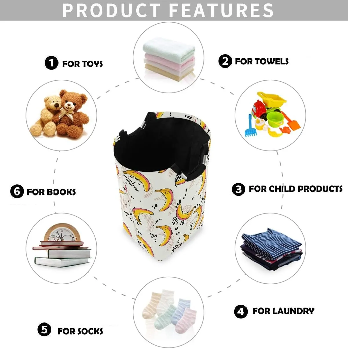 visesunny Collapsible Laundry Basket Tropical Banana Black Dot Large Laundry Hamper Oxford Fabric Dirty Clothes Toy Organizer with Handle for Bathroom Kids Room Dorm
