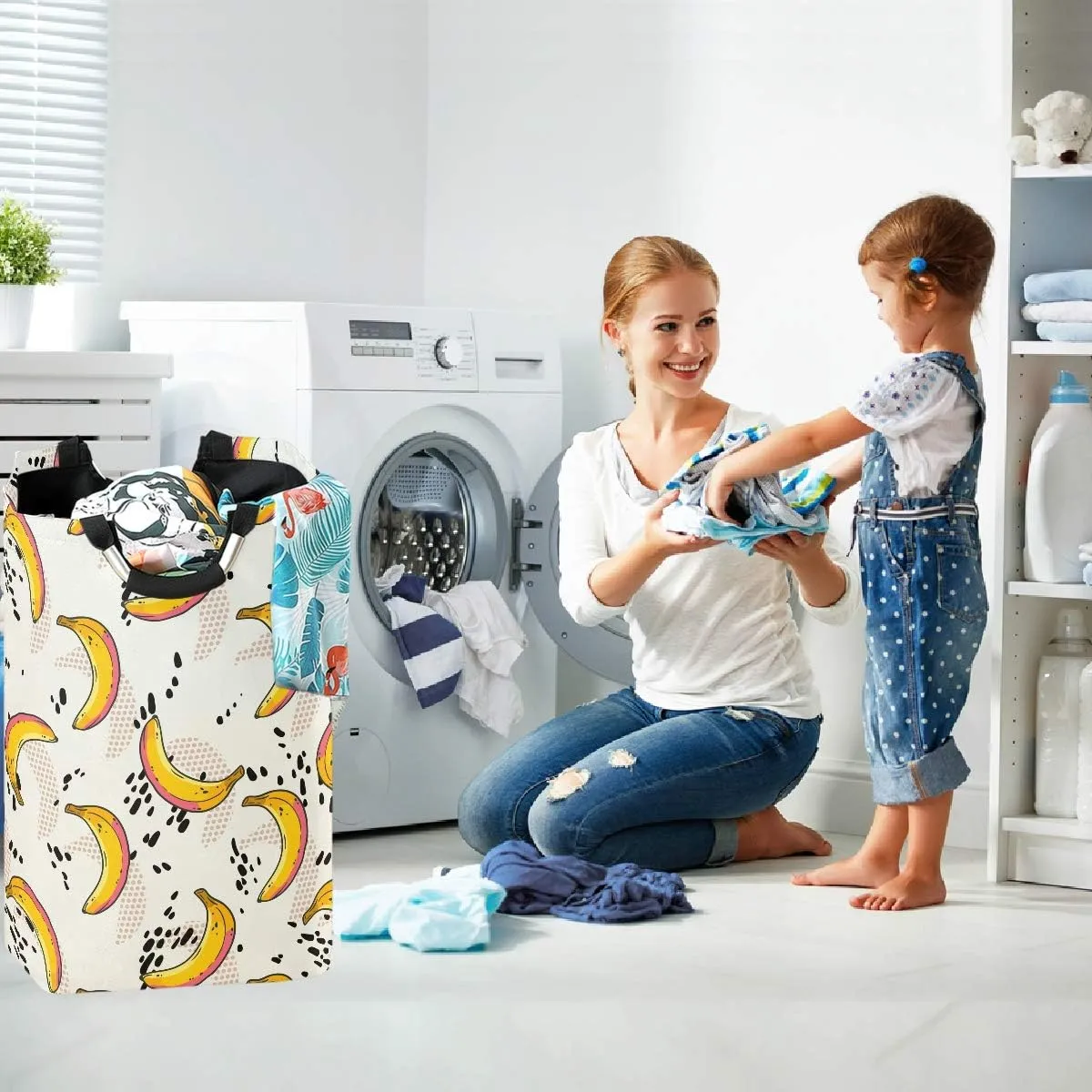 visesunny Collapsible Laundry Basket Tropical Banana Black Dot Large Laundry Hamper Oxford Fabric Dirty Clothes Toy Organizer with Handle for Bathroom Kids Room Dorm