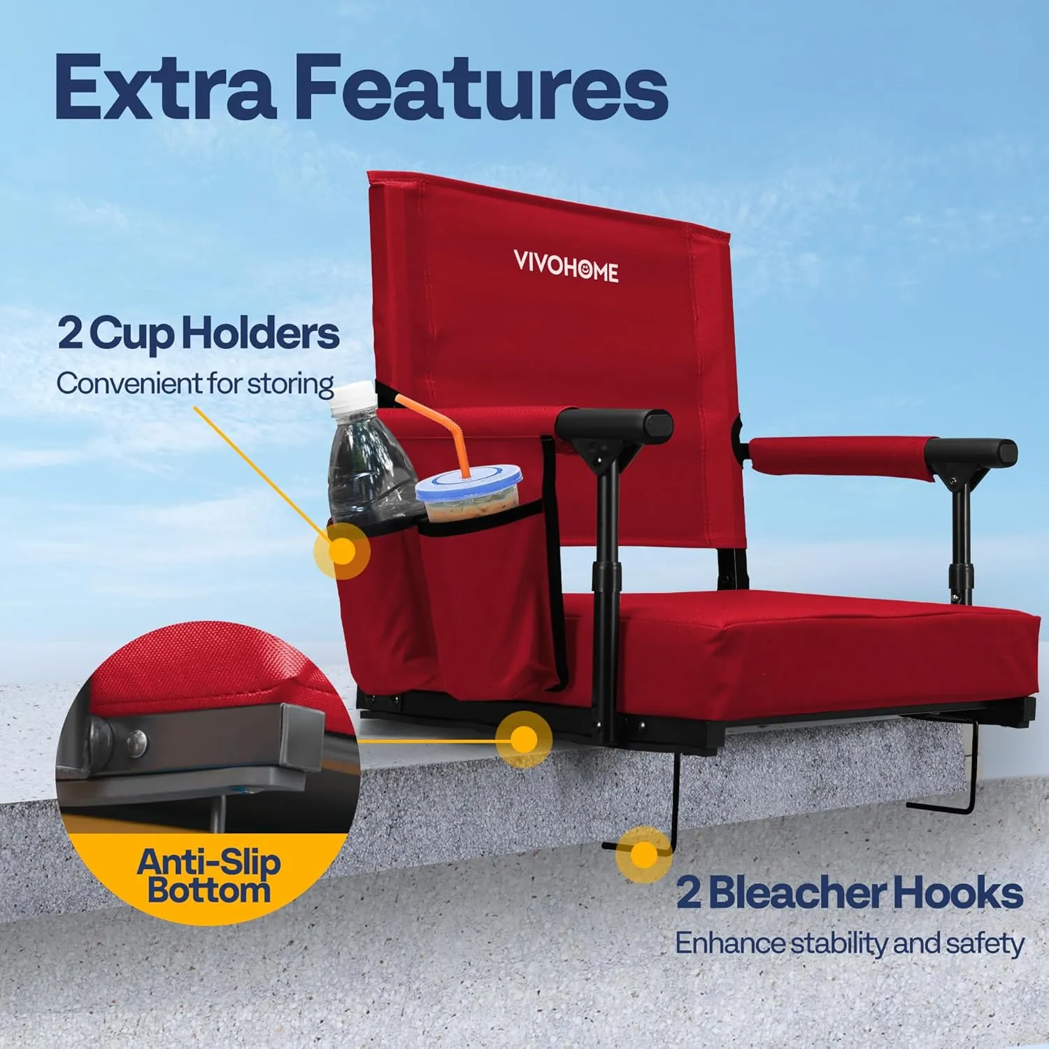 VIVOHOME Stadium Seats with Back Support and Cushion, 2 Pack Portable Bleacher Chairs with Cup Holder and Shoulder Strap