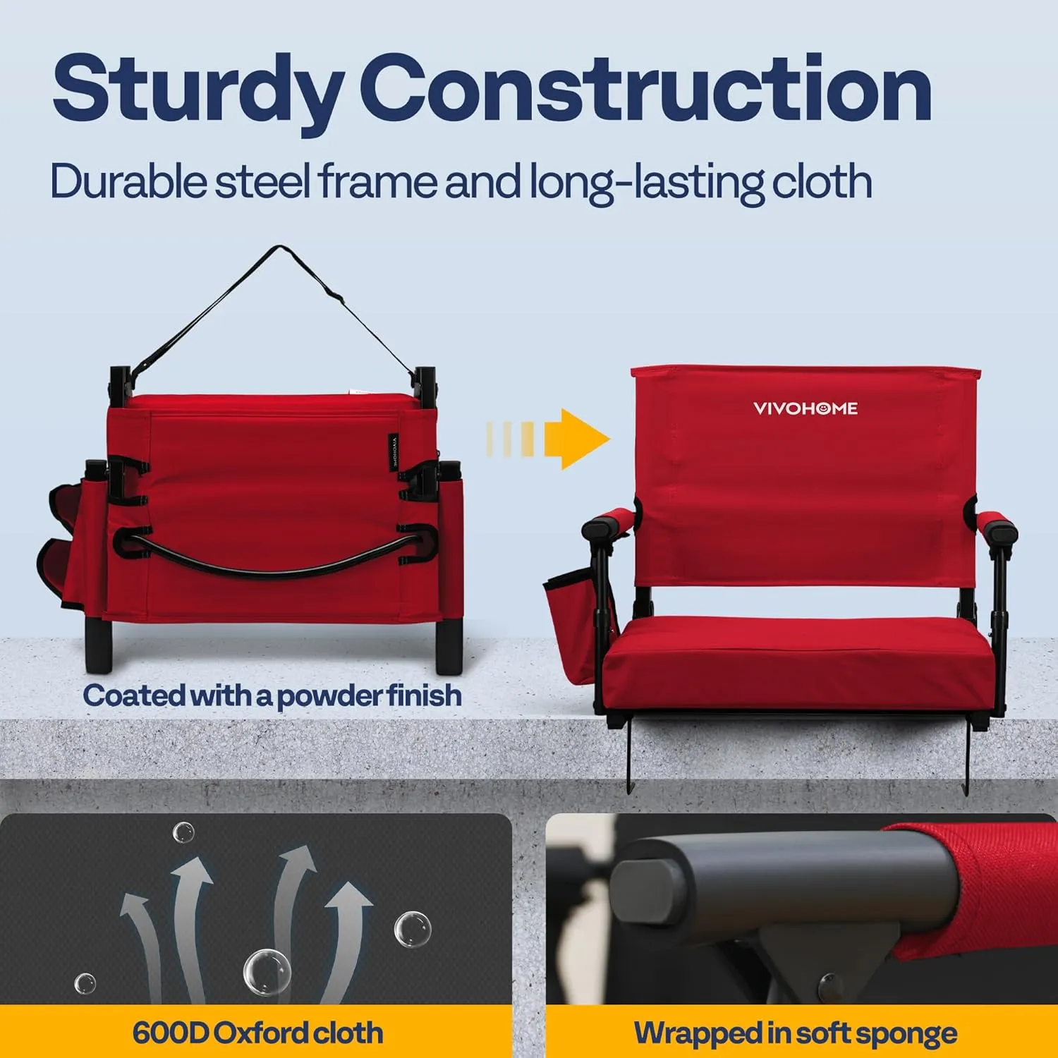 VIVOHOME Stadium Seats with Back Support and Cushion, 2 Pack Portable Bleacher Chairs with Cup Holder and Shoulder Strap