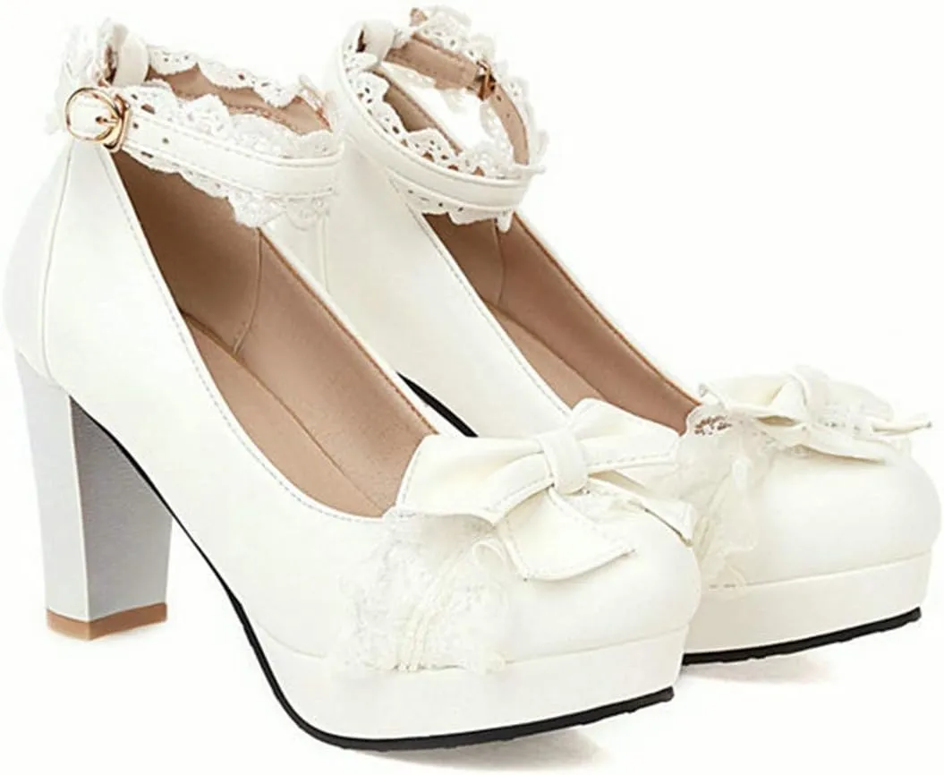 VOKLIN Women's Girls Lolita Platform Mary Jane Pumps Sweet Bow Ankle Strap Block High Heel Oxford Dress Shoes