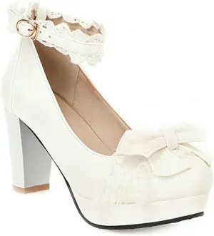 VOKLIN Women's Girls Lolita Platform Mary Jane Pumps Sweet Bow Ankle Strap Block High Heel Oxford Dress Shoes