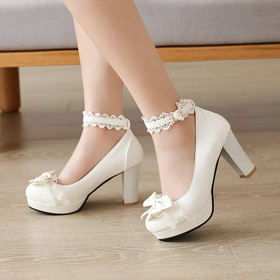 VOKLIN Women's Girls Lolita Platform Mary Jane Pumps Sweet Bow Ankle Strap Block High Heel Oxford Dress Shoes