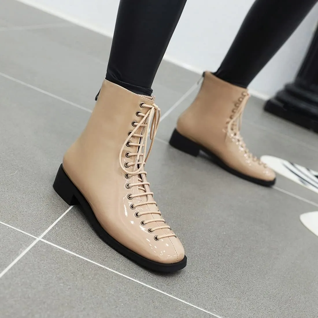 VOKLIN Women's Square Toe Western Dressy Ankle Boots Patent Leather Lace Up Zip Flat Low Heel Short Booties