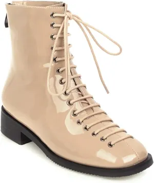 VOKLIN Women's Square Toe Western Dressy Ankle Boots Patent Leather Lace Up Zip Flat Low Heel Short Booties