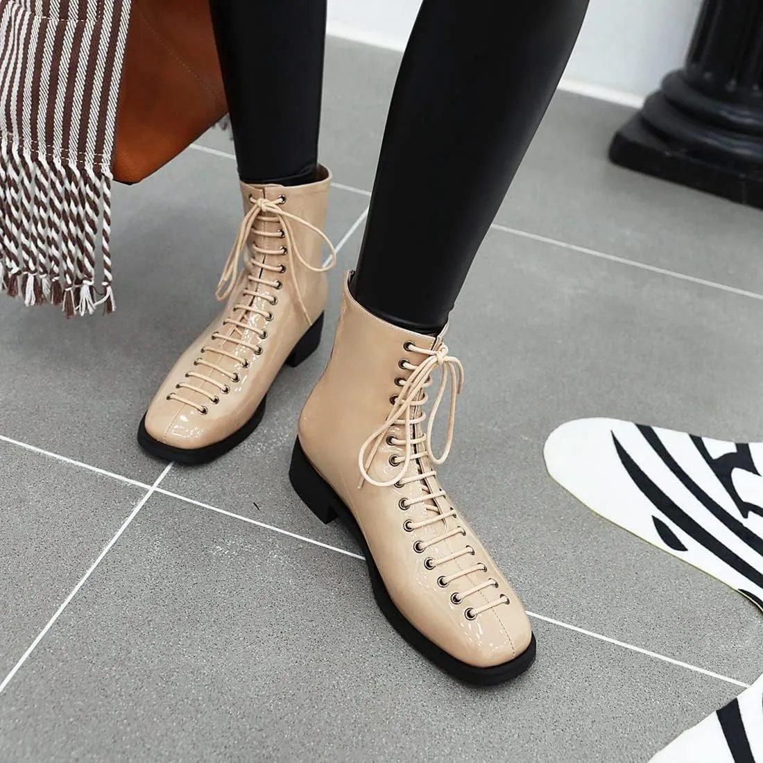 VOKLIN Women's Square Toe Western Dressy Ankle Boots Patent Leather Lace Up Zip Flat Low Heel Short Booties