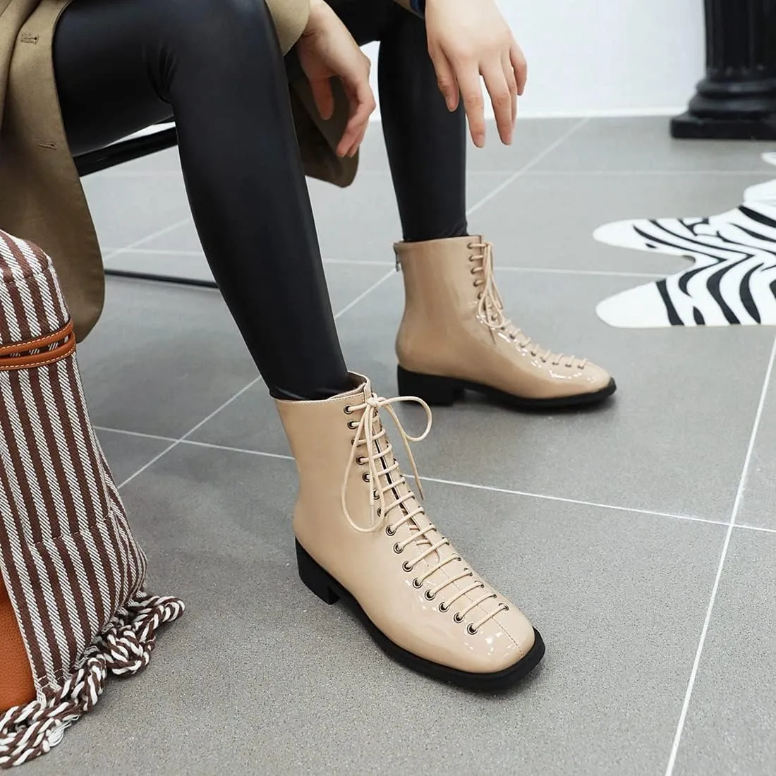 VOKLIN Women's Square Toe Western Dressy Ankle Boots Patent Leather Lace Up Zip Flat Low Heel Short Booties