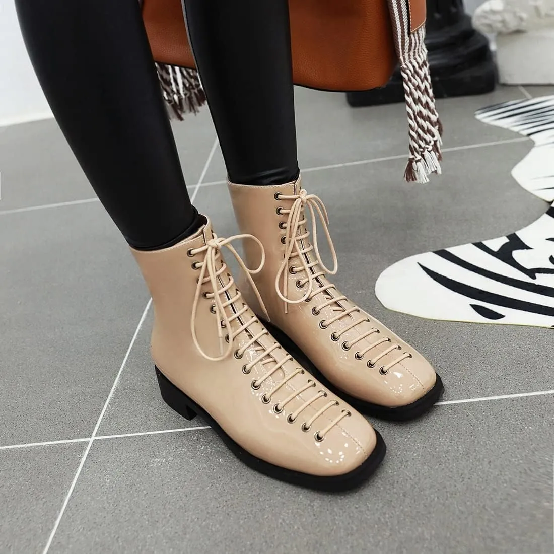 VOKLIN Women's Square Toe Western Dressy Ankle Boots Patent Leather Lace Up Zip Flat Low Heel Short Booties