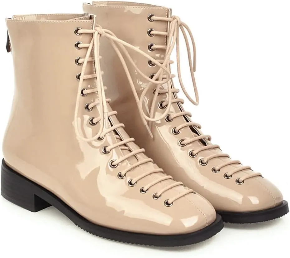 VOKLIN Women's Square Toe Western Dressy Ankle Boots Patent Leather Lace Up Zip Flat Low Heel Short Booties