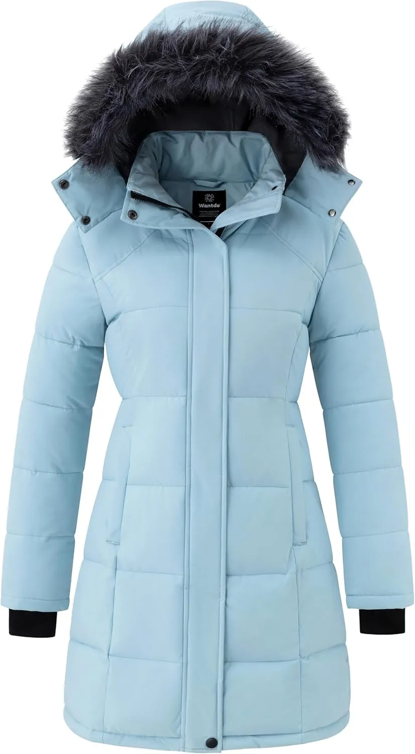 wantdo Women's Waterproof Winter Coat Warm Long Puffer Jackets with Faux Fur Hood Thicken Parka