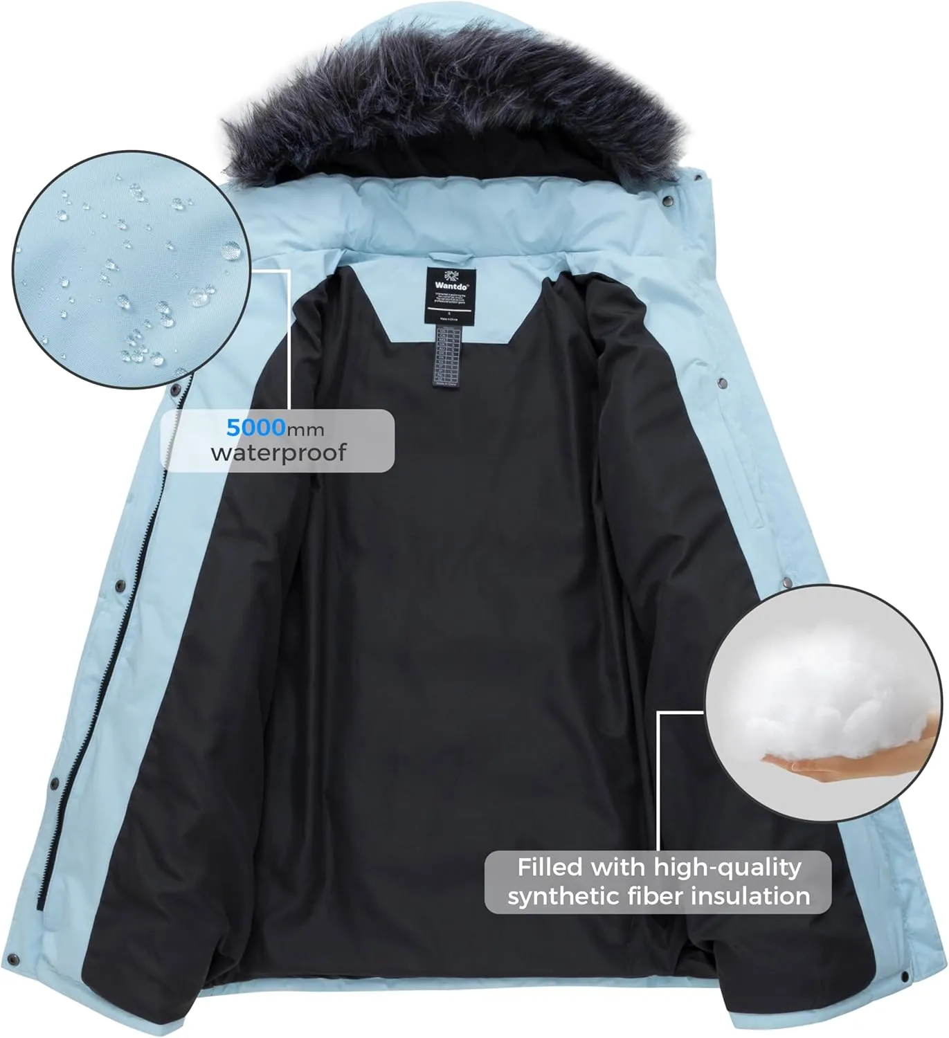 wantdo Women's Waterproof Winter Coat Warm Long Puffer Jackets with Faux Fur Hood Thicken Parka