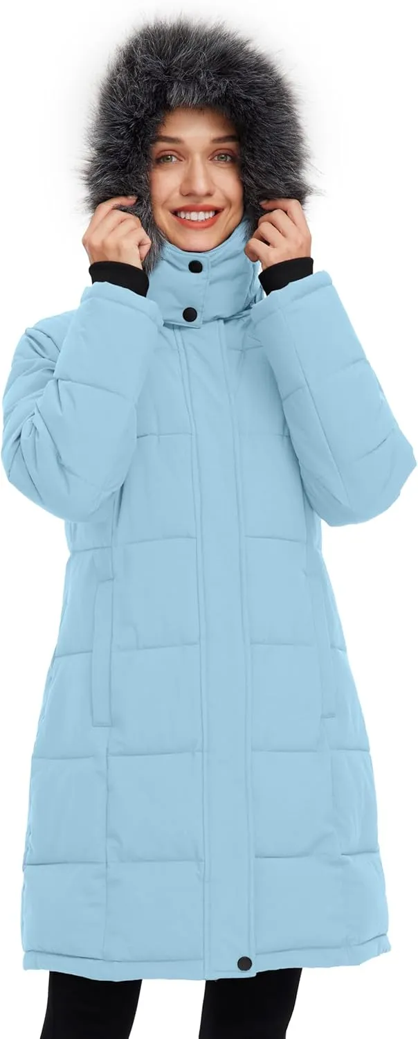 wantdo Women's Waterproof Winter Coat Warm Long Puffer Jackets with Faux Fur Hood Thicken Parka