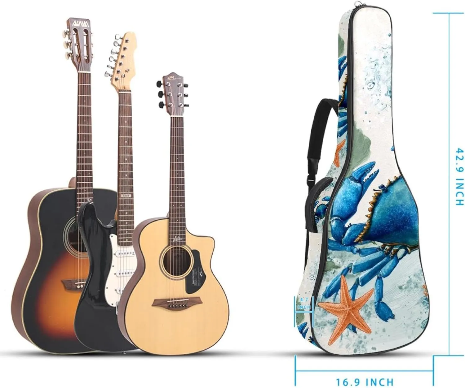 Watercolor Crab Sea Algae with Leaves Bubbles and Starfish Acoustic Guitar Bag, Guitar Case Gig Bag 40 41 42 inch with Dual Adjustable Shoulder Strap and Back Hanger Loop