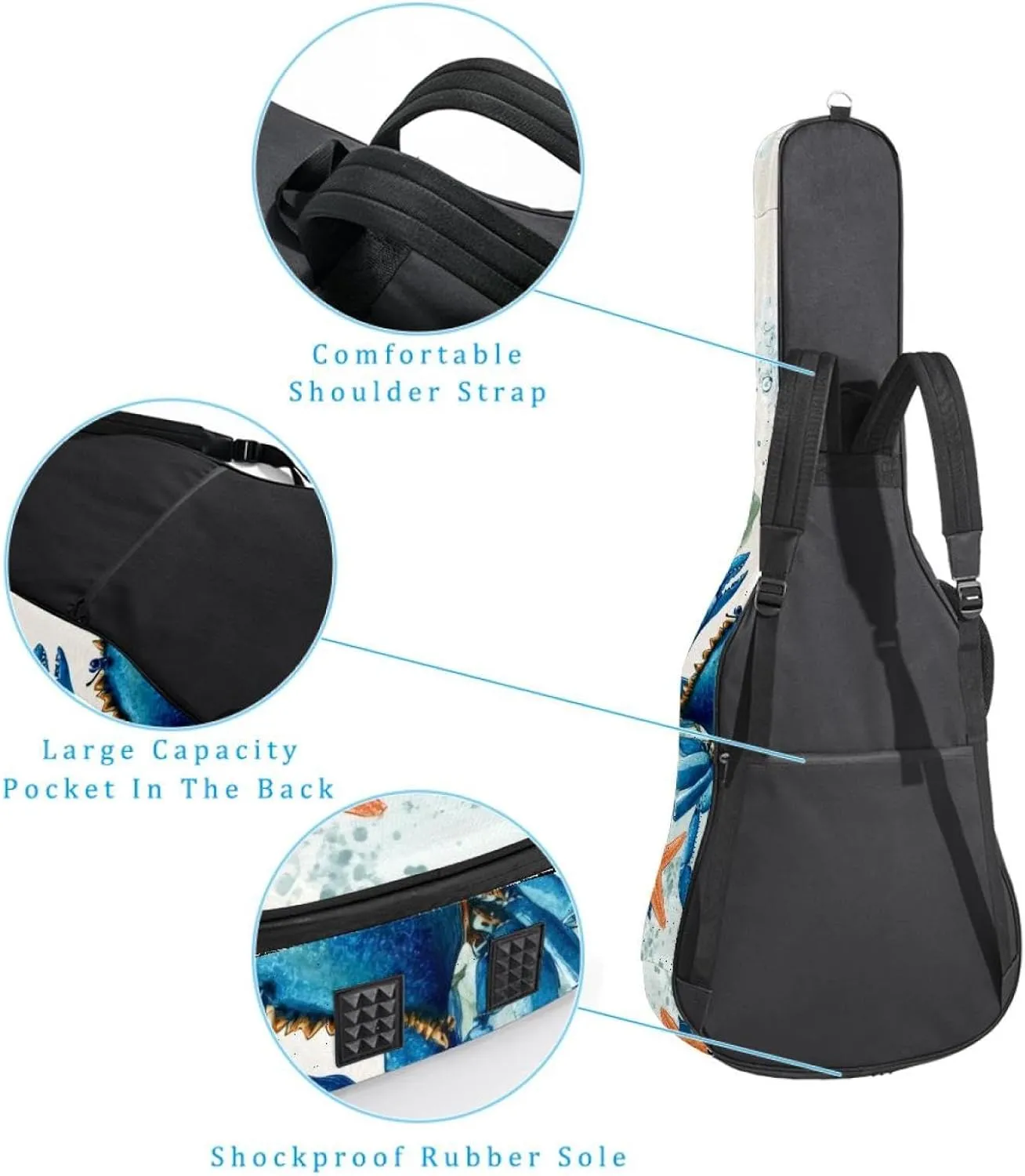 Watercolor Crab Sea Algae with Leaves Bubbles and Starfish Acoustic Guitar Bag, Guitar Case Gig Bag 40 41 42 inch with Dual Adjustable Shoulder Strap and Back Hanger Loop