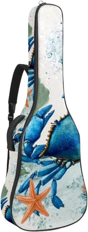 Watercolor Crab Sea Algae with Leaves Bubbles and Starfish Acoustic Guitar Bag, Guitar Case Gig Bag 40 41 42 inch with Dual Adjustable Shoulder Strap and Back Hanger Loop