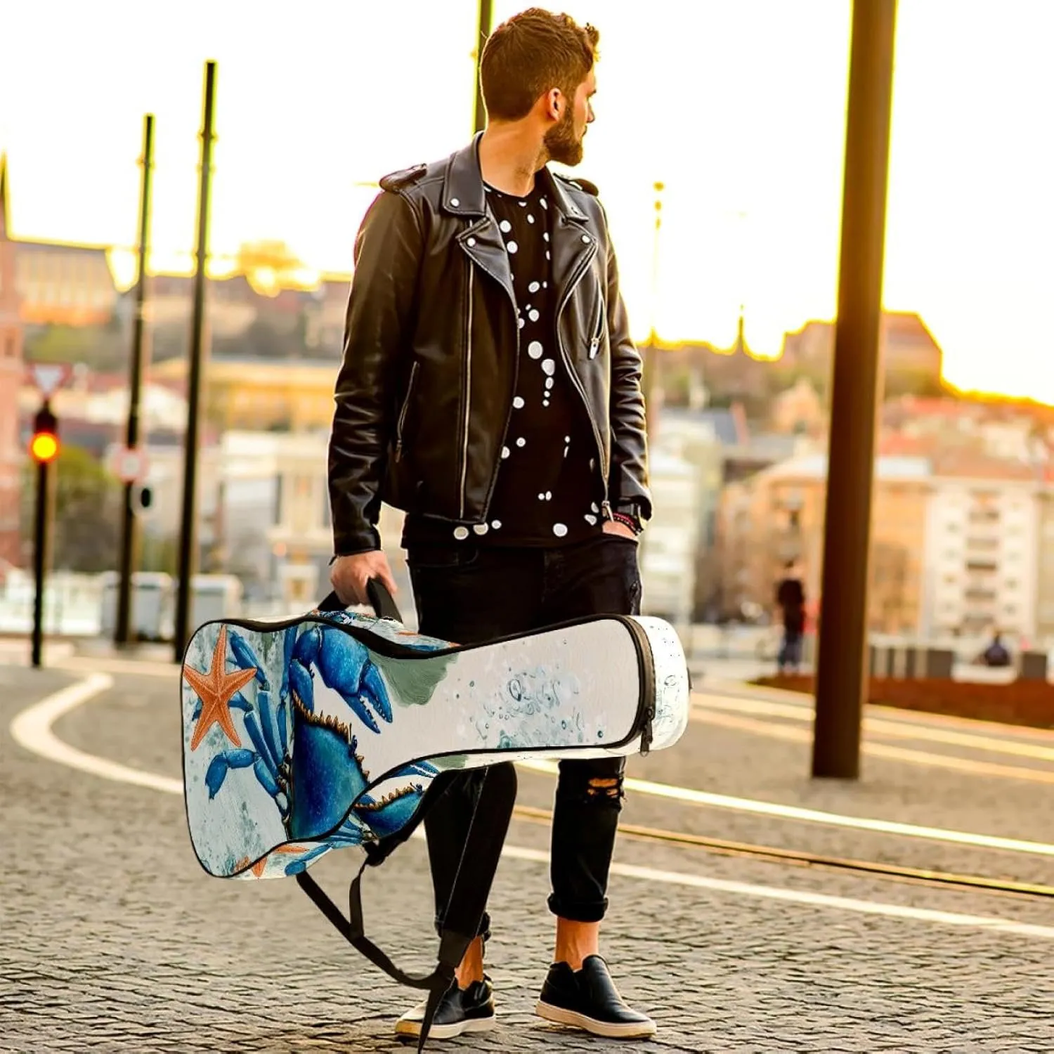 Watercolor Crab Sea Algae with Leaves Bubbles and Starfish Acoustic Guitar Bag, Guitar Case Gig Bag 40 41 42 inch with Dual Adjustable Shoulder Strap and Back Hanger Loop