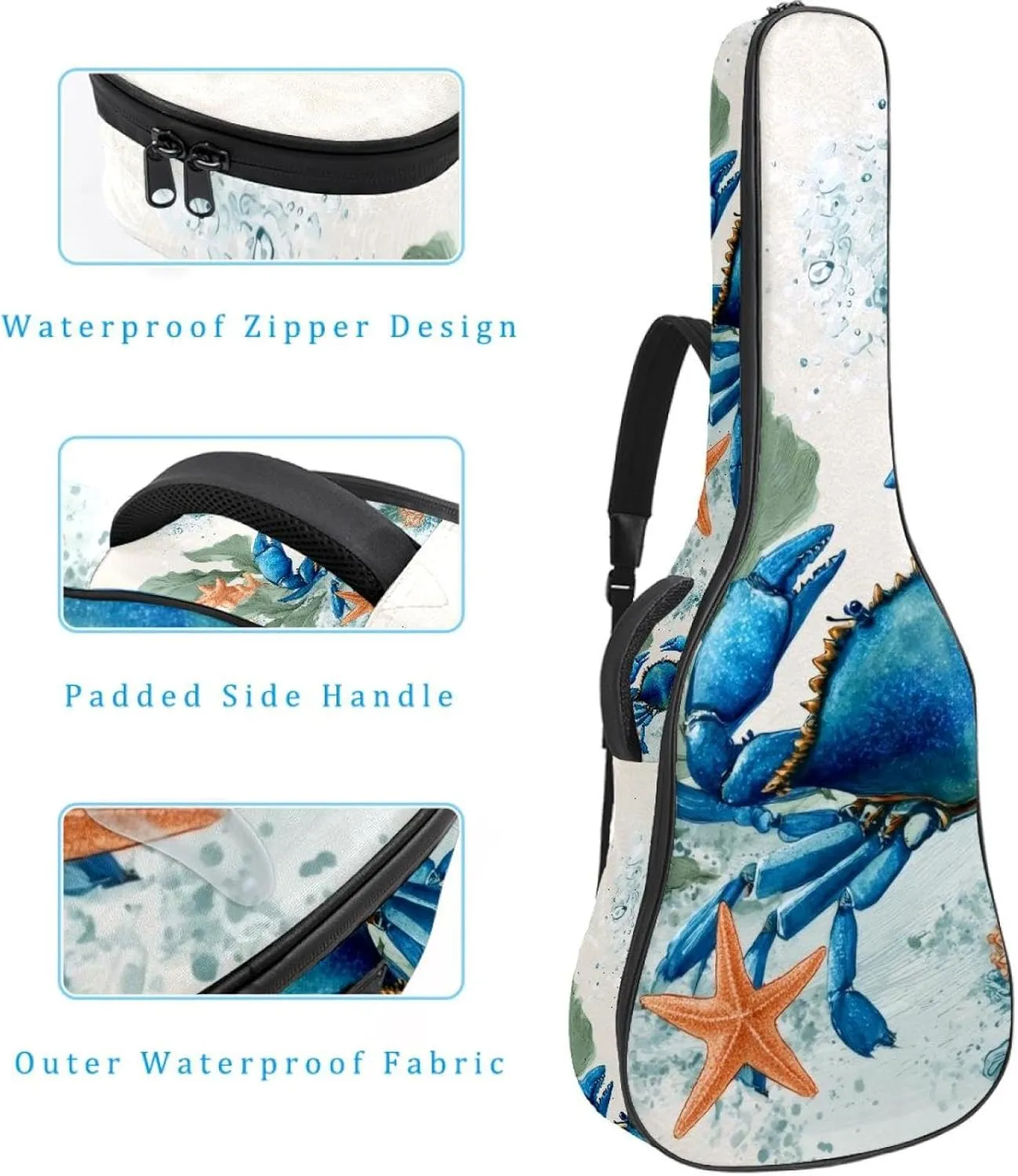Watercolor Crab Sea Algae with Leaves Bubbles and Starfish Acoustic Guitar Bag, Guitar Case Gig Bag 40 41 42 inch with Dual Adjustable Shoulder Strap and Back Hanger Loop