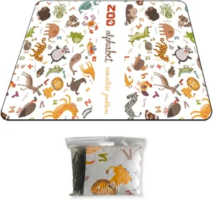 Waterproof & Sandproof Picnic Blanket with Pattern, 80''x60'' Large Outdoor Mat & Camping Rug with Carry Strap, Portable Beach Blanket for Park, Backyard, Indoor Playing, Camping & Beach(Animal Print)