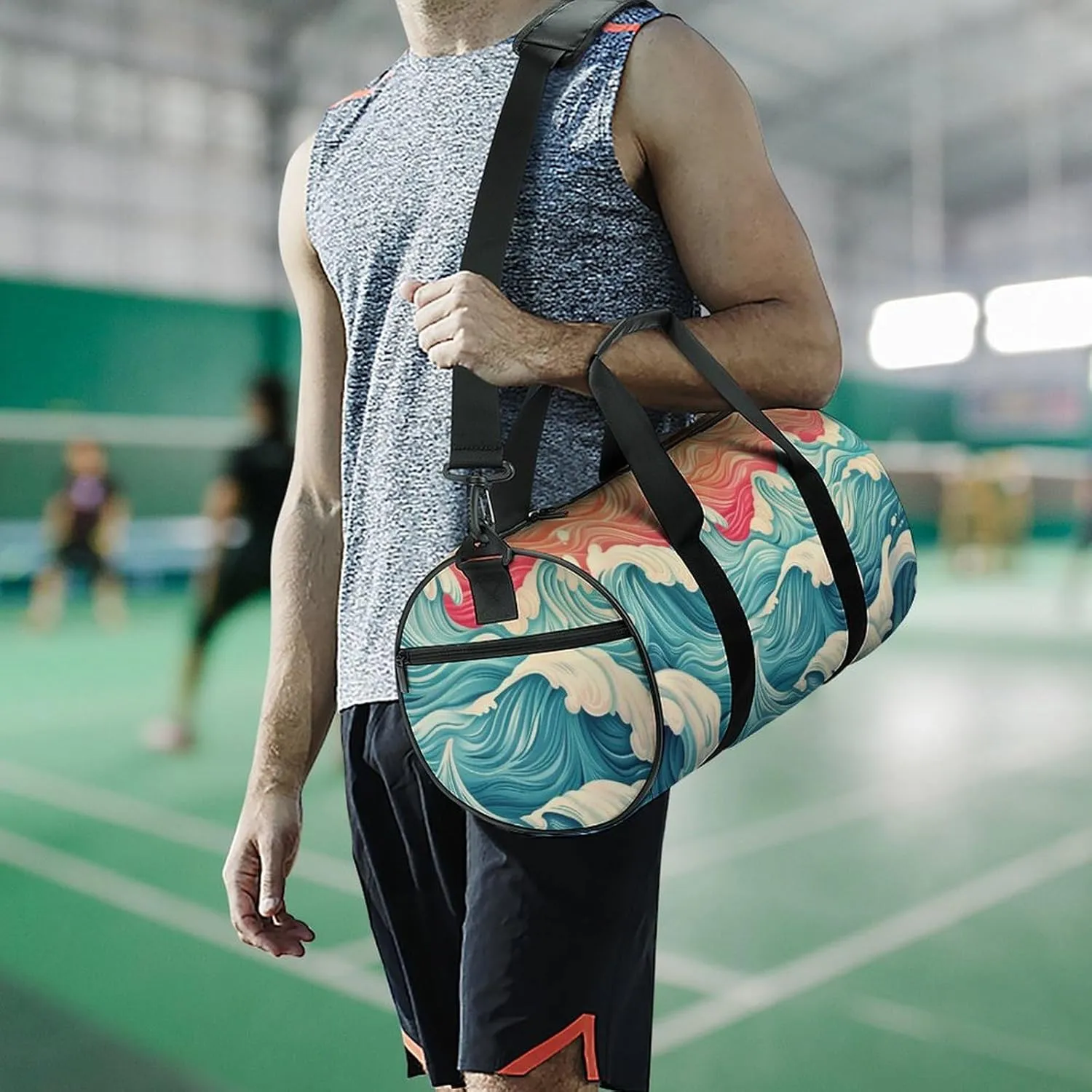 Wave Pattern Travel Gym Bag for Women Men Retro Cylindrical Duffle Bag Sport Workout Bag with Shoulder Strap