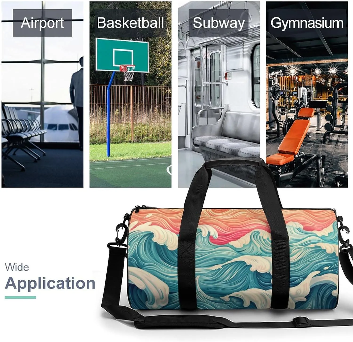 Wave Pattern Travel Gym Bag for Women Men Retro Cylindrical Duffle Bag Sport Workout Bag with Shoulder Strap