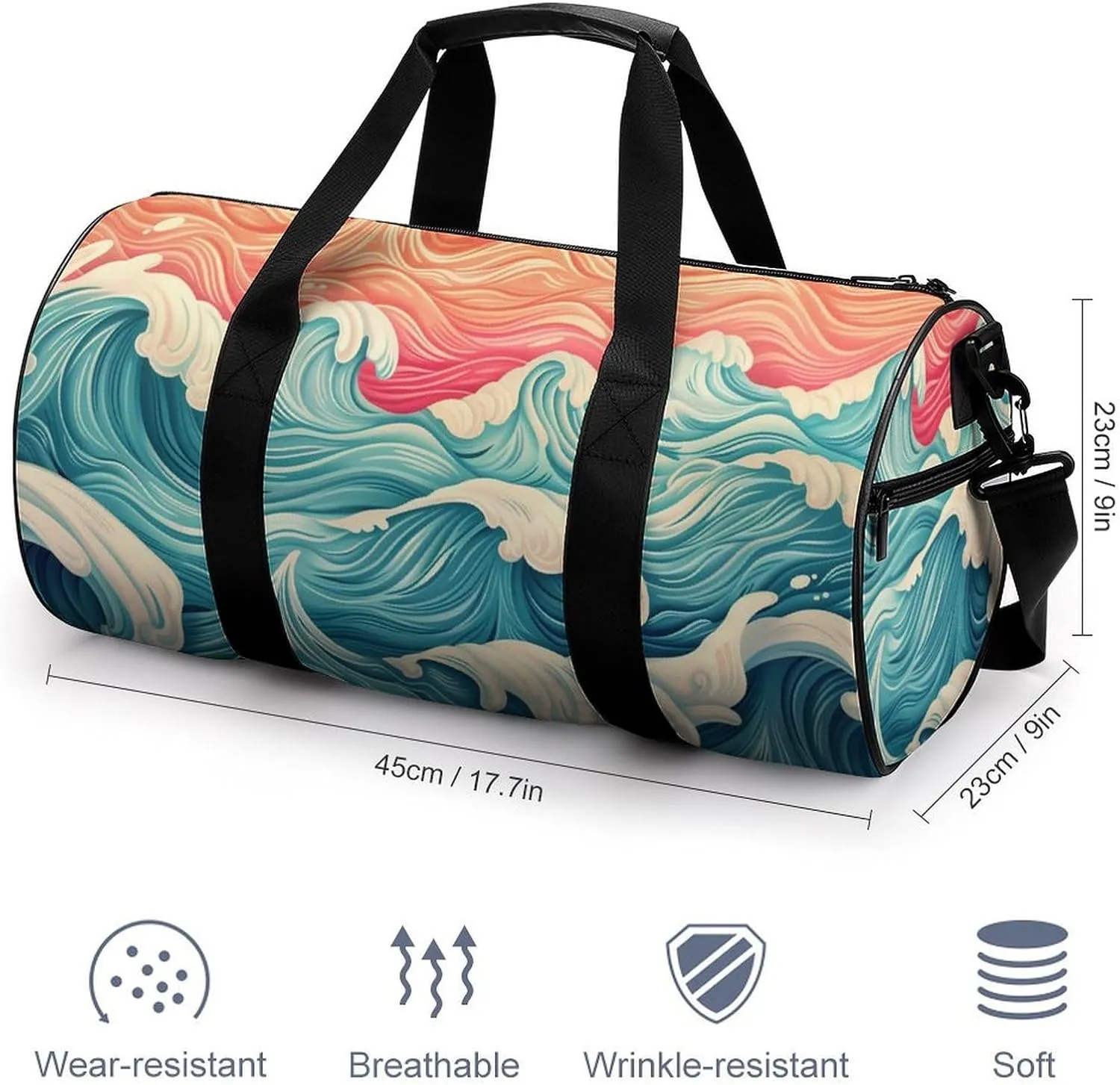 Wave Pattern Travel Gym Bag for Women Men Retro Cylindrical Duffle Bag Sport Workout Bag with Shoulder Strap