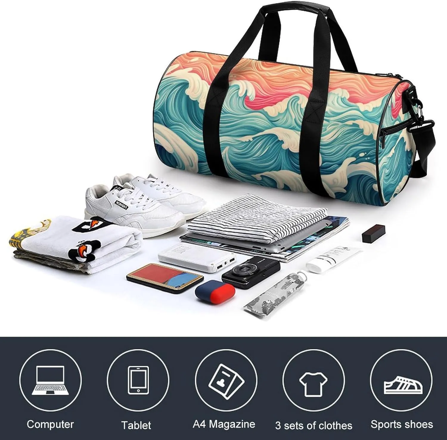 Wave Pattern Travel Gym Bag for Women Men Retro Cylindrical Duffle Bag Sport Workout Bag with Shoulder Strap