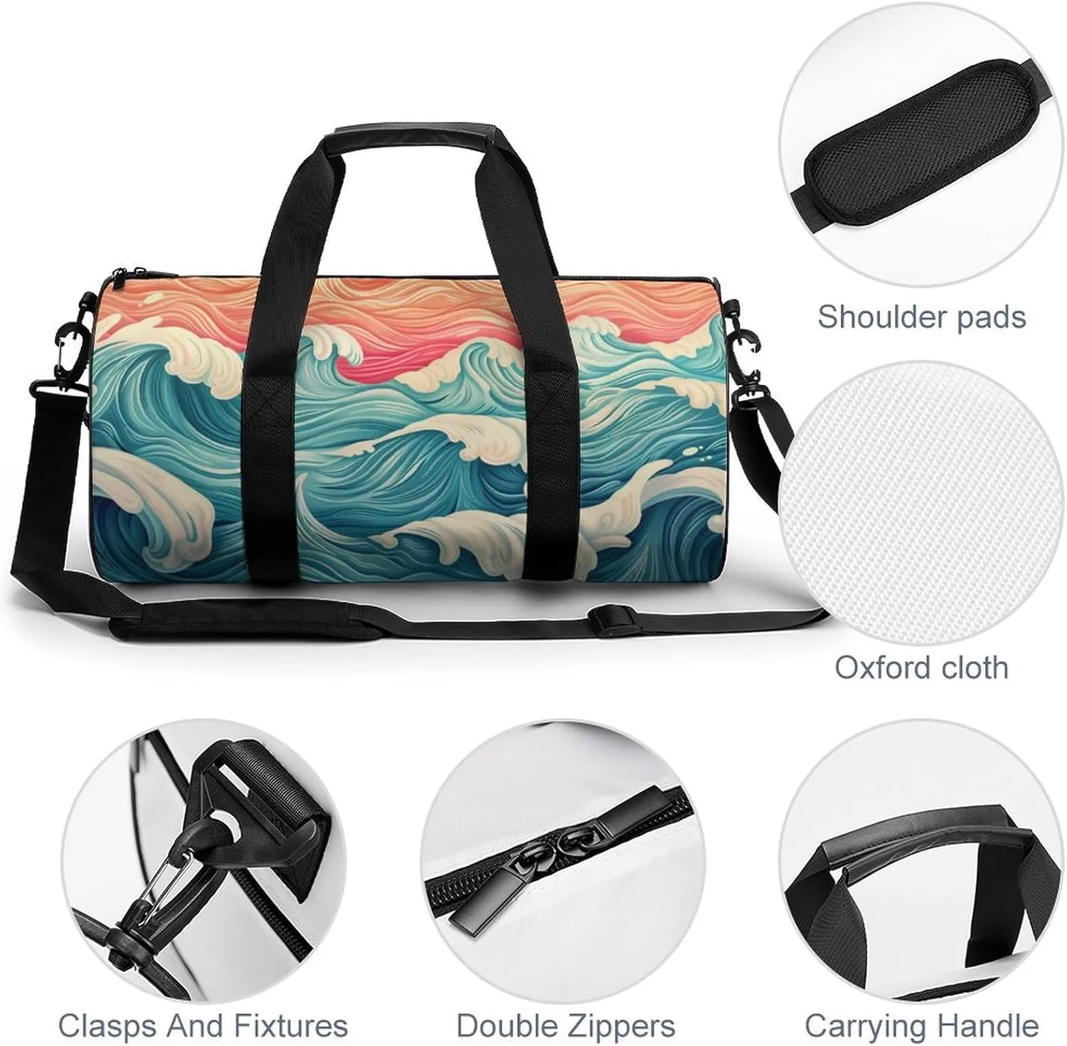 Wave Pattern Travel Gym Bag for Women Men Retro Cylindrical Duffle Bag Sport Workout Bag with Shoulder Strap