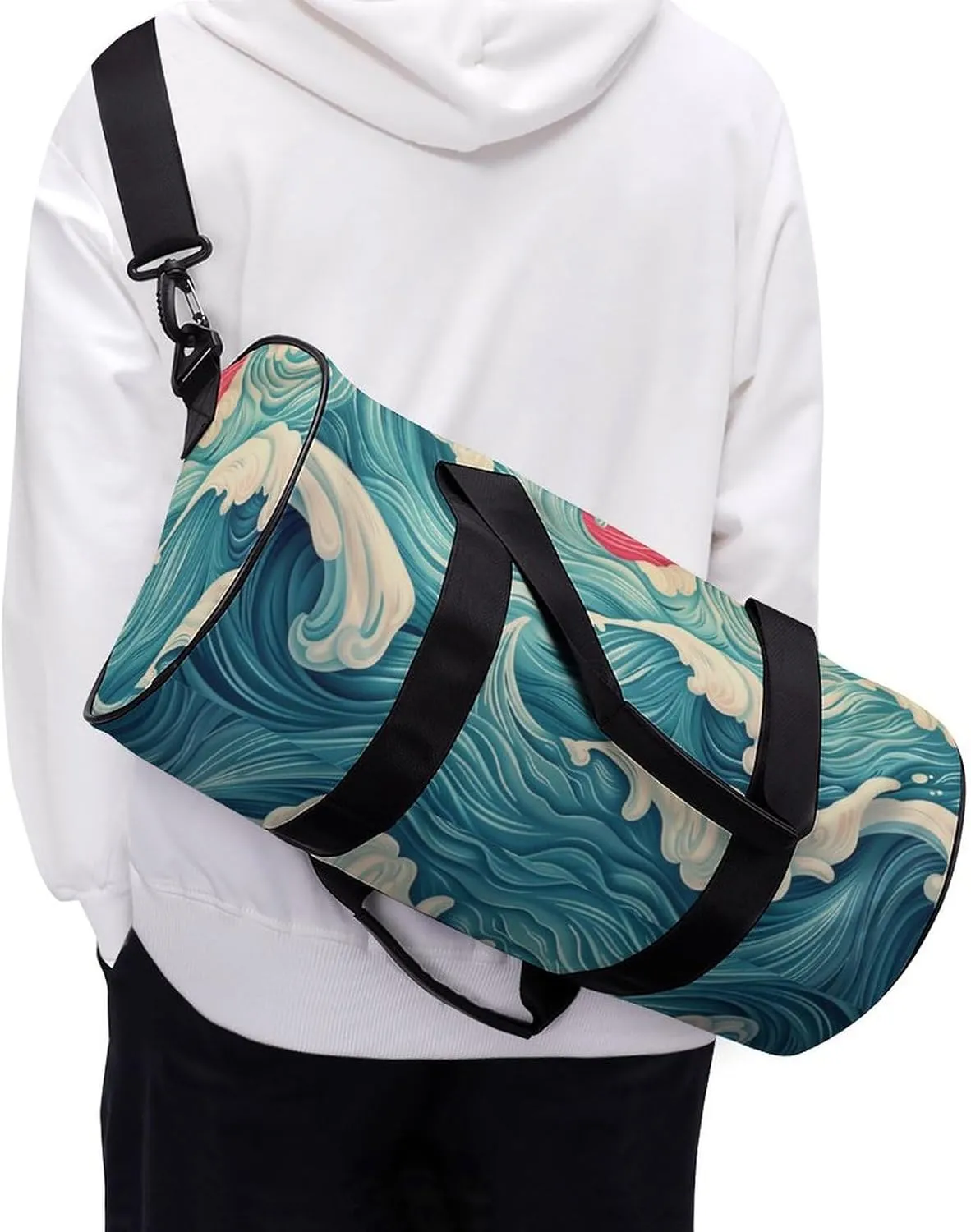 Wave Pattern Travel Gym Bag for Women Men Retro Cylindrical Duffle Bag Sport Workout Bag with Shoulder Strap