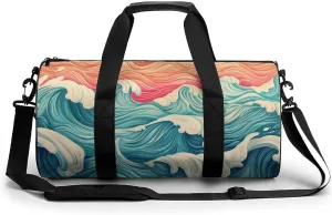 Wave Pattern Travel Gym Bag for Women Men Retro Cylindrical Duffle Bag Sport Workout Bag with Shoulder Strap