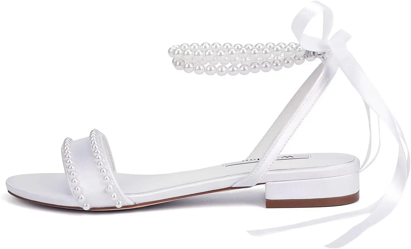 Wedding Flats Pearl Sandals Flat Wedding Shoes for Bride Open Toe Bridal Flats