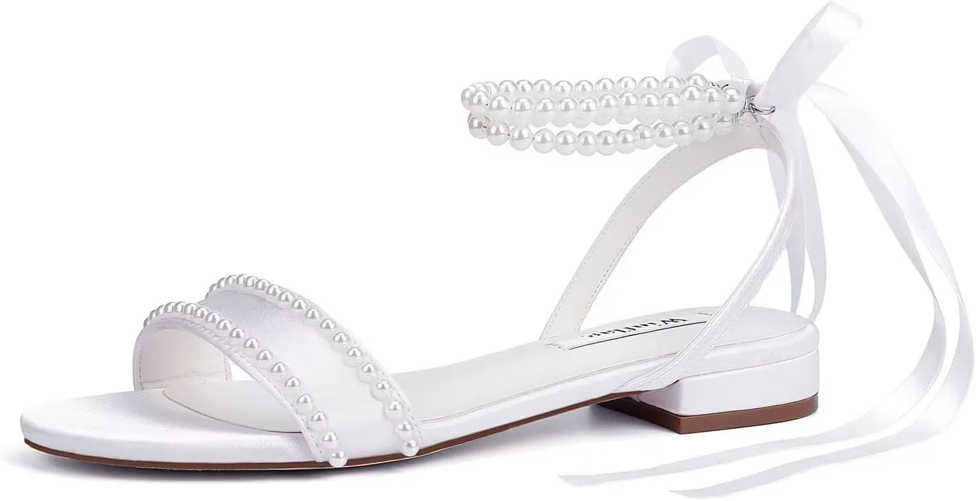 Wedding Flats Pearl Sandals Flat Wedding Shoes for Bride Open Toe Bridal Flats