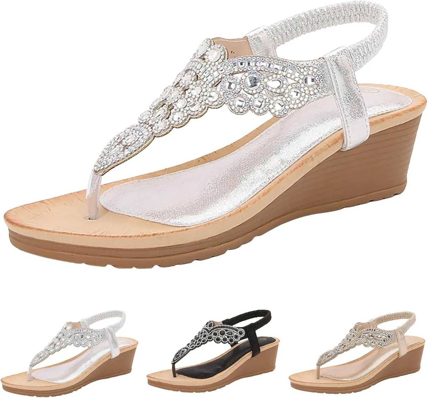 Wedge Sandals for Women Flip-Flops Dressy Rhinestone Bling Thong Sandals Open Toe Elastic Ankle Strap Flip Flops Gem Sparkling Bridal Bridesmaid Sandal