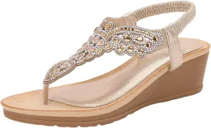 Wedge Sandals for Women Flip-Flops Dressy Rhinestone Bling Thong Sandals Open Toe Elastic Ankle Strap Flip Flops Gem Sparkling Bridal Bridesmaid Sandal