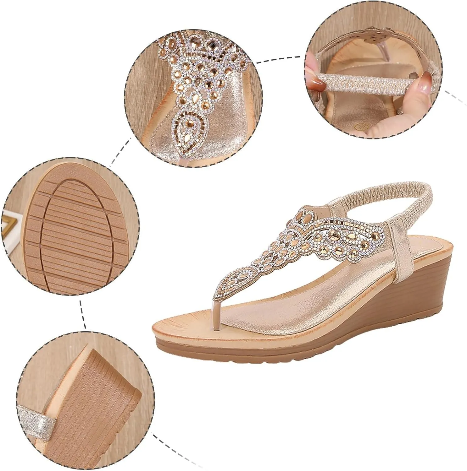 Wedge Sandals for Women Flip-Flops Dressy Rhinestone Bling Thong Sandals Open Toe Elastic Ankle Strap Flip Flops Gem Sparkling Bridal Bridesmaid Sandal