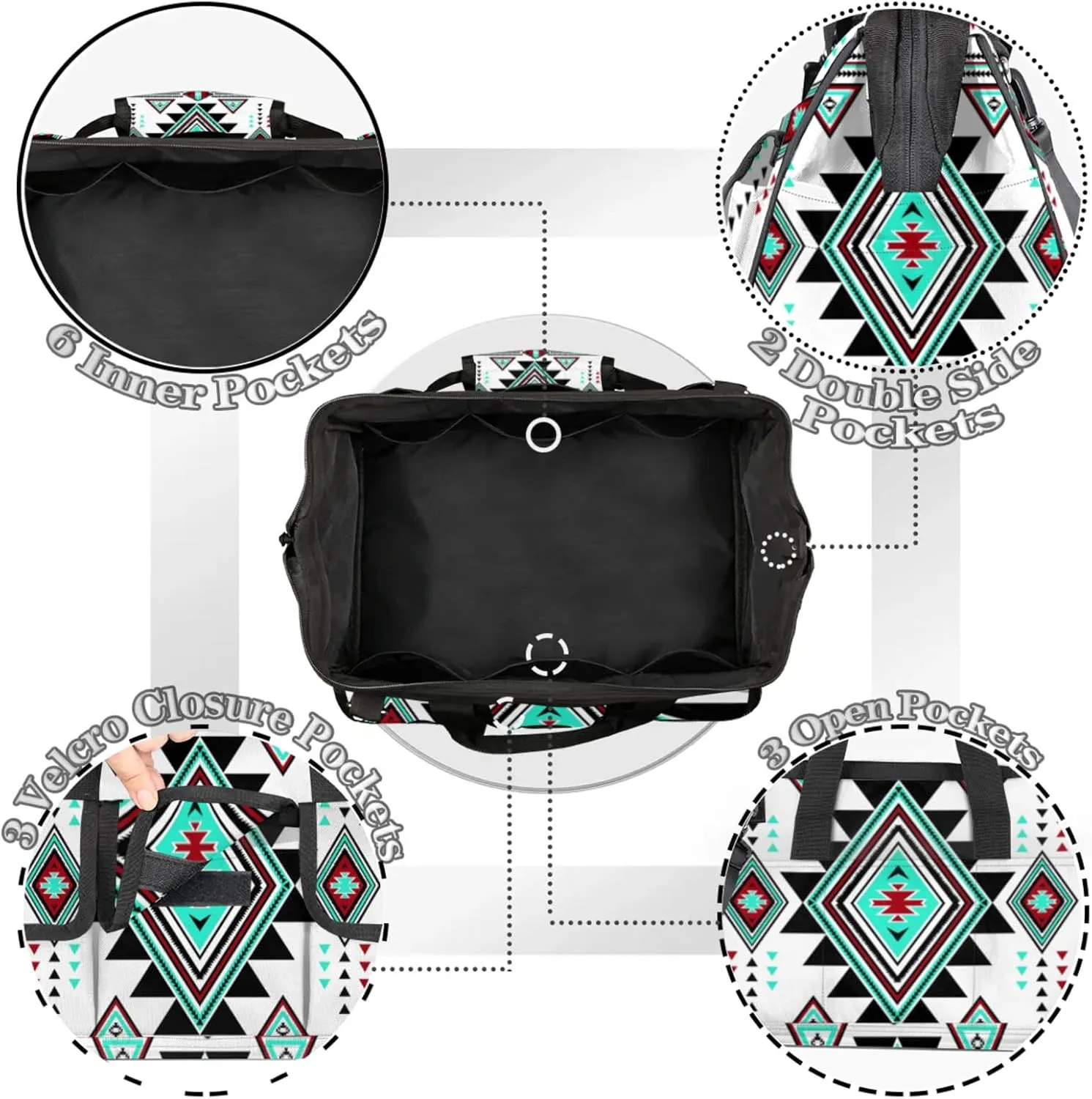 Western Aztec Boho Heavy Duty Tool Bags for Men and Women 14.8 Inch, Soft Wide Mouth Tool Tote Organizer Bag with Adjustable Shoulder Strap