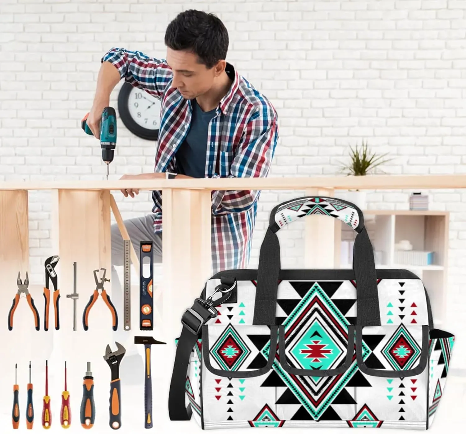 Western Aztec Boho Heavy Duty Tool Bags for Men and Women 14.8 Inch, Soft Wide Mouth Tool Tote Organizer Bag with Adjustable Shoulder Strap