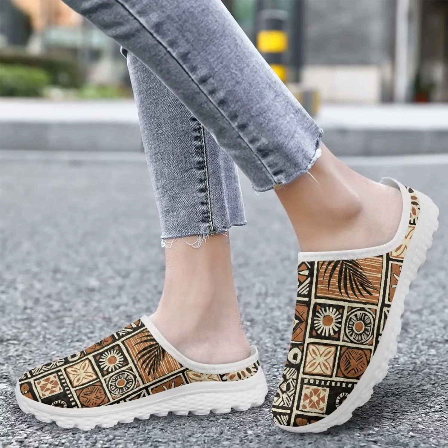 Western Aztec Print Mule Tennis Shoes for Women Breathable Loafers Flats Low Top Garden Clogs Arch Support Sneakers