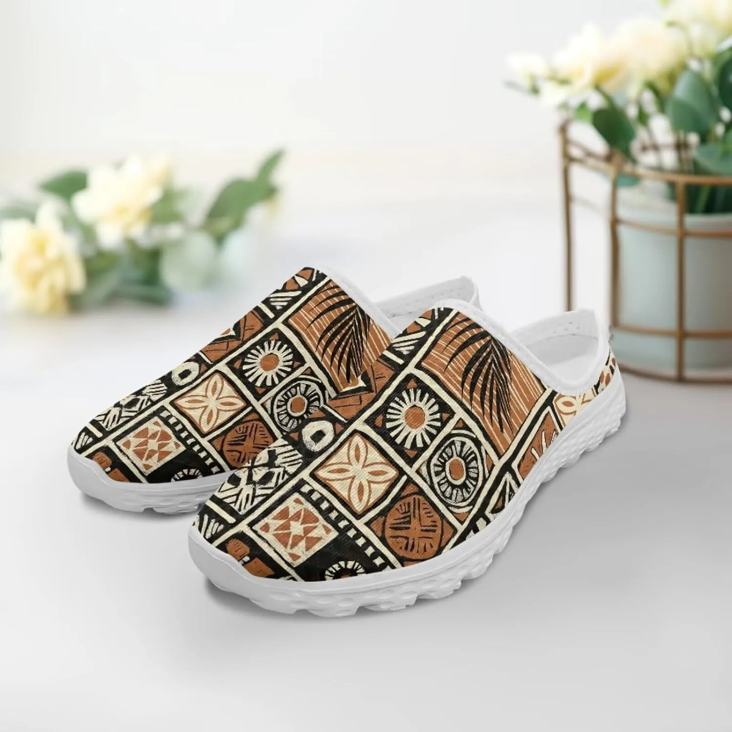 Western Aztec Print Mule Tennis Shoes for Women Breathable Loafers Flats Low Top Garden Clogs Arch Support Sneakers
