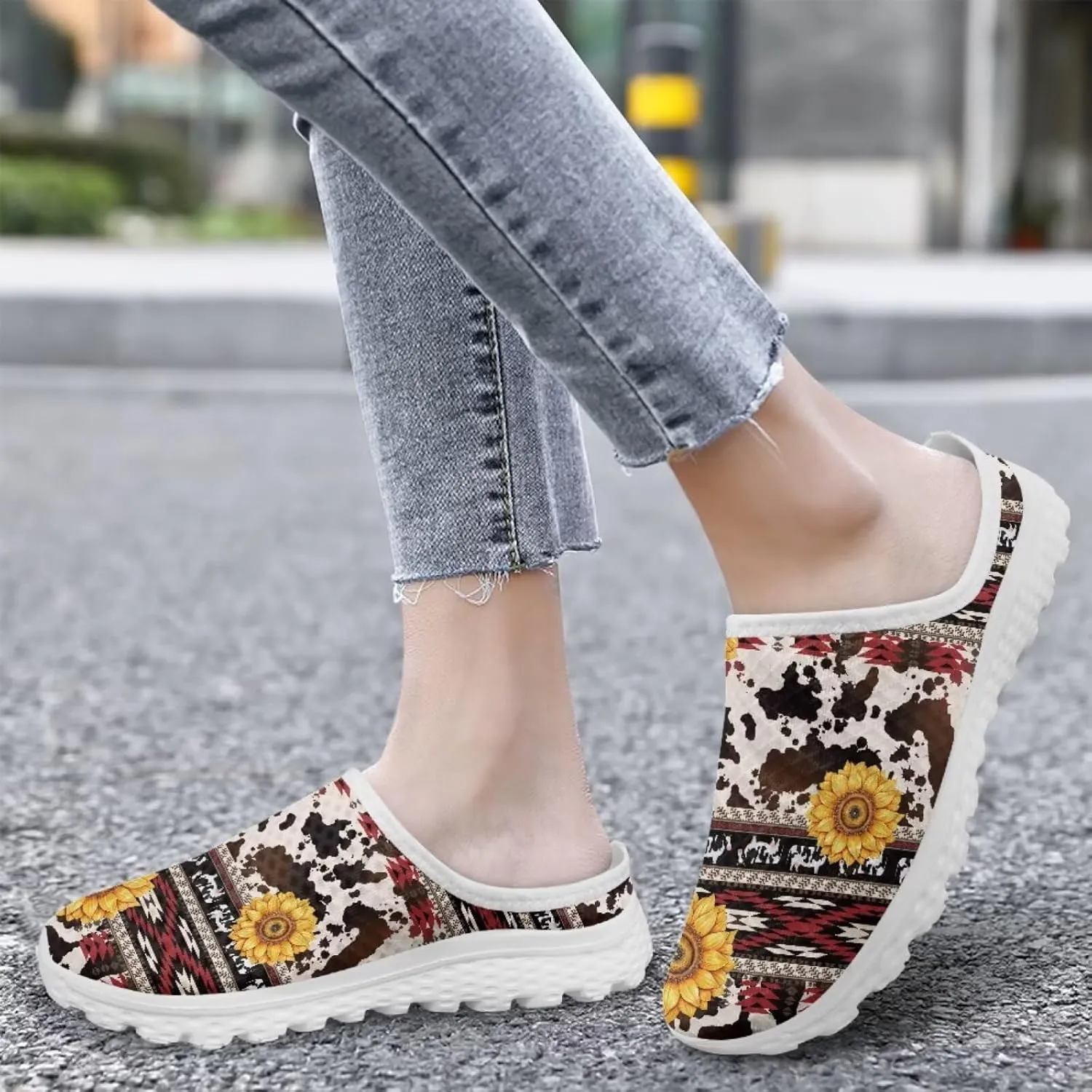 Western Aztec Print Mule Tennis Shoes for Women Flats Garden Shoes Mesh Running Sneakers, Arch Support US 6-13.5