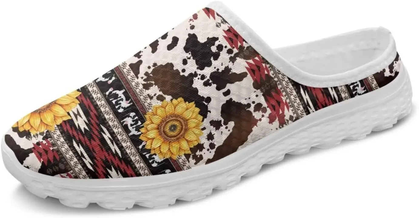 Western Aztec Print Mule Tennis Shoes for Women Flats Garden Shoes Mesh Running Sneakers, Arch Support US 6-13.5