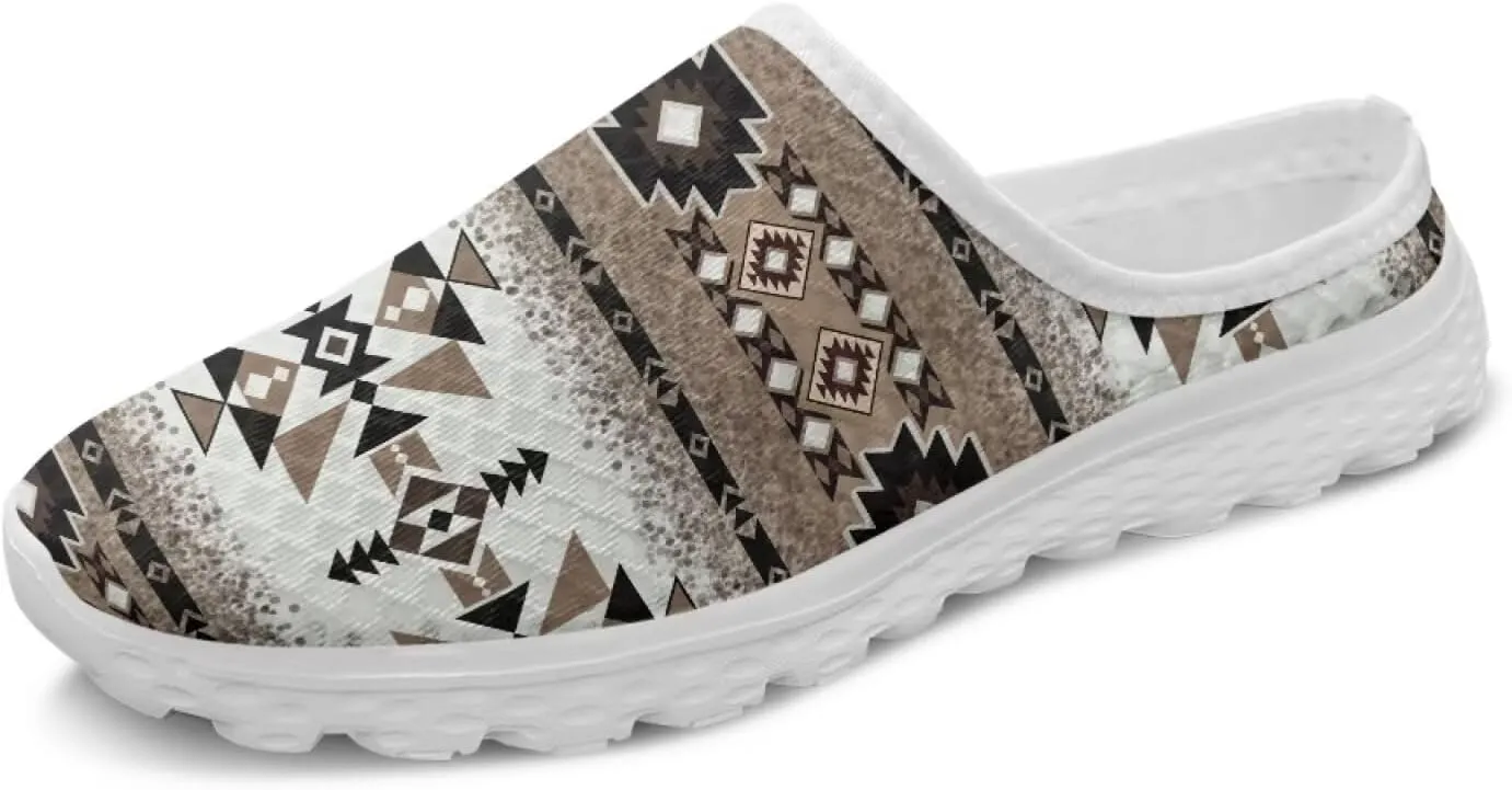 Western Aztec Print Mule Tennis Shoes for Women Flats Garden Shoes Mesh Running Sneakers, Arch Support US 6-13.5