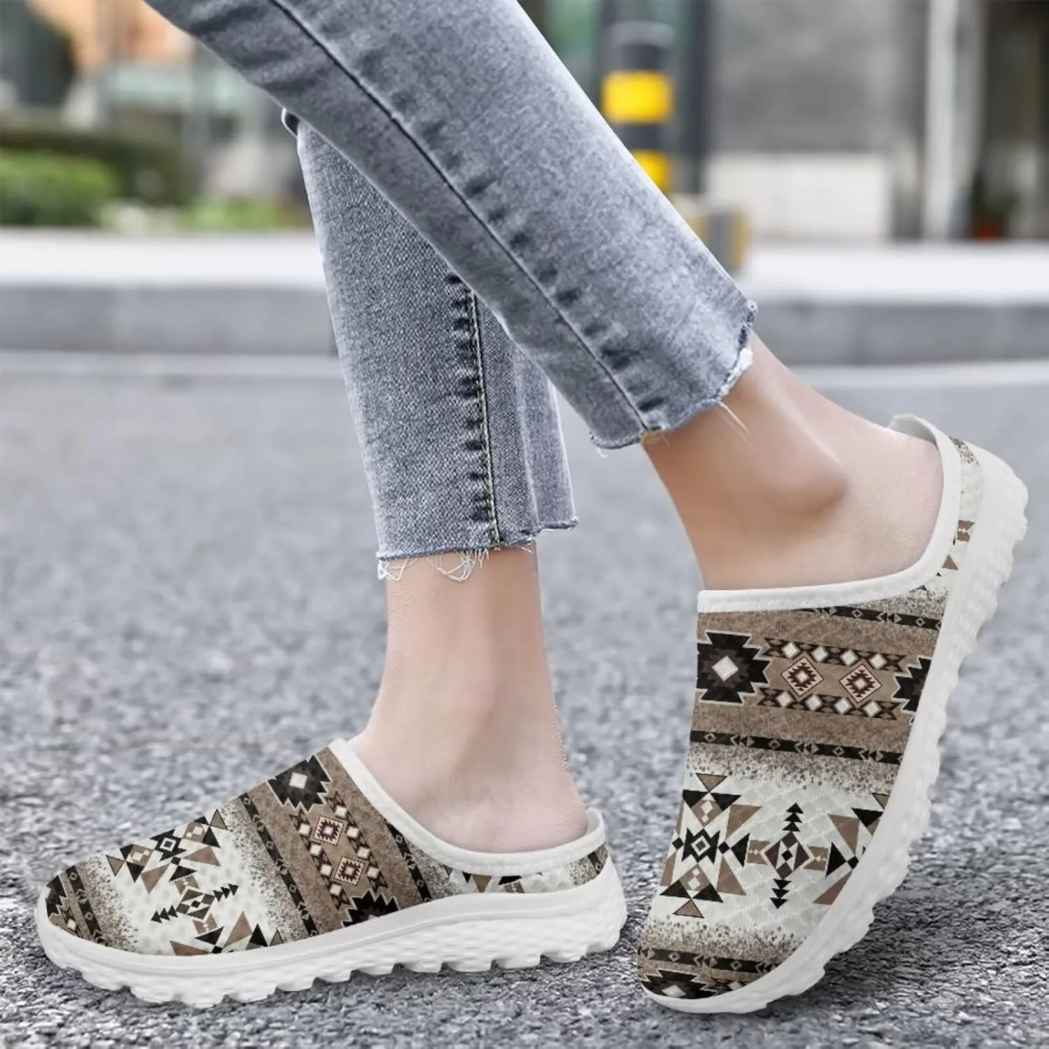 Western Aztec Print Mule Tennis Shoes for Women Flats Garden Shoes Mesh Running Sneakers, Arch Support US 6-13.5