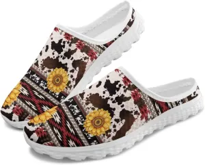 Western Aztec Print Mule Tennis Shoes for Women Flats Garden Shoes Mesh Running Sneakers, Arch Support US 6-13.5
