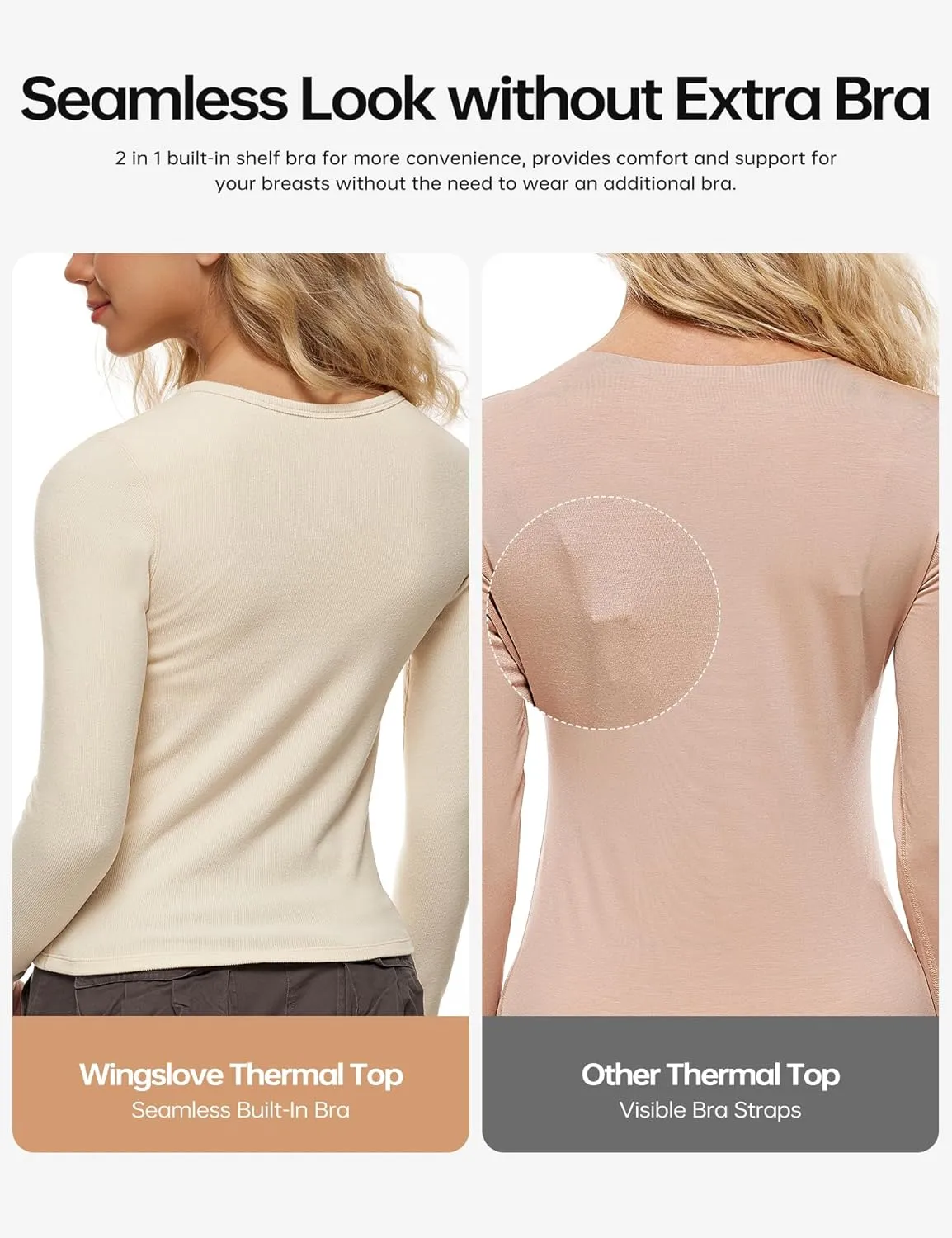 Wingslove Women's Long Sleeve Shirts Thermal Tops V Neck Built in Bra Cold Weather Fit Warm Base Layer Outfits