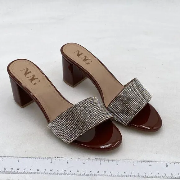 Women Comfy Open Toe Rhinestones Slip On Mule Sandals Mid Chunky Heel Slide Slip