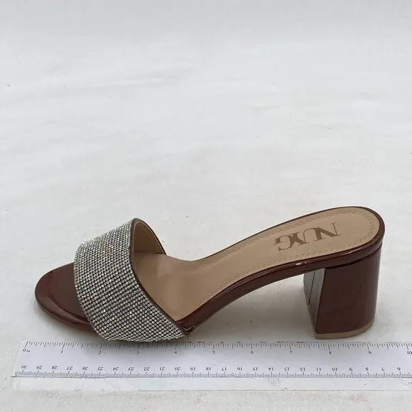 Women Comfy Open Toe Rhinestones Slip On Mule Sandals Mid Chunky Heel Slide Slip