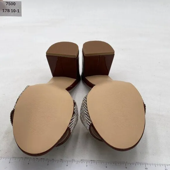 Women Comfy Open Toe Rhinestones Slip On Mule Sandals Mid Chunky Heel Slide Slip